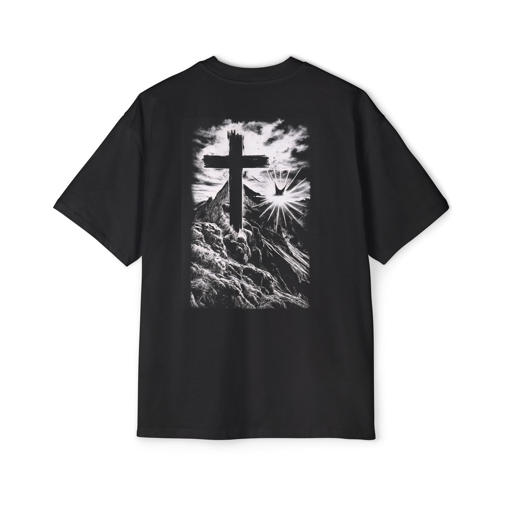 Men's Heavy Oversized Tee with Inspirational Mountain and Cross Design, Unisex T-Shirt, Streetwear Style, Relaxed Fit, Graphic Tee, [...]