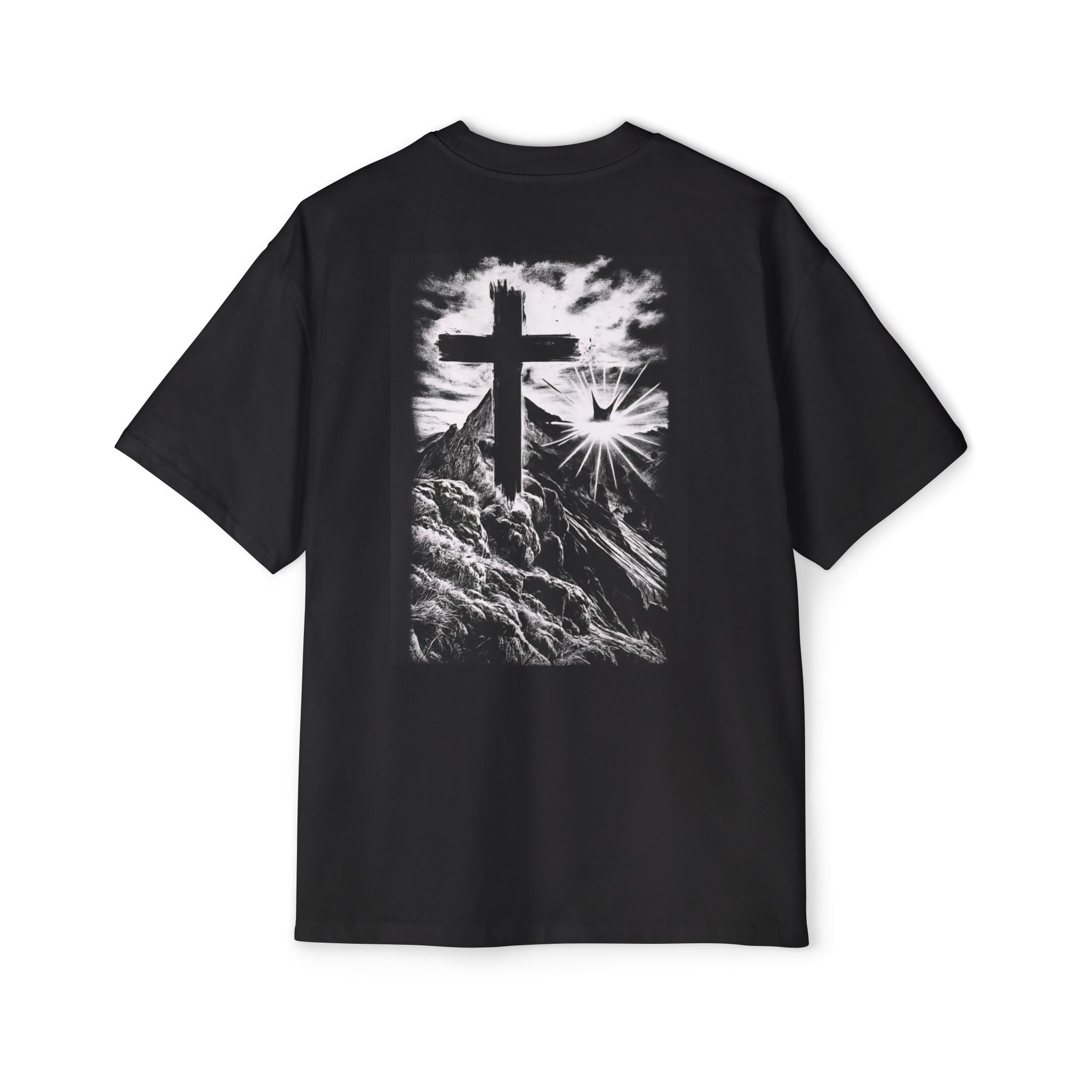 Men's Heavy Oversized Tee with Inspirational Mountain and Cross Design, Unisex T-Shirt, Streetwear Style, Relaxed Fit, Graphic Tee, [...]