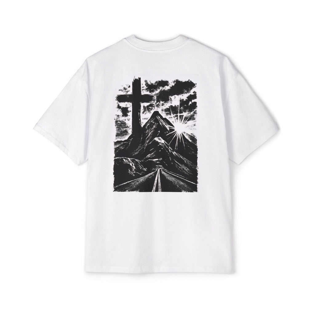 Men's Heavy Oversized Tee with Inspirational Mountain and Cross Design, Unisex T-Shirt, Streetwear Style, Relaxed Fit, Graphic Tee, [...]