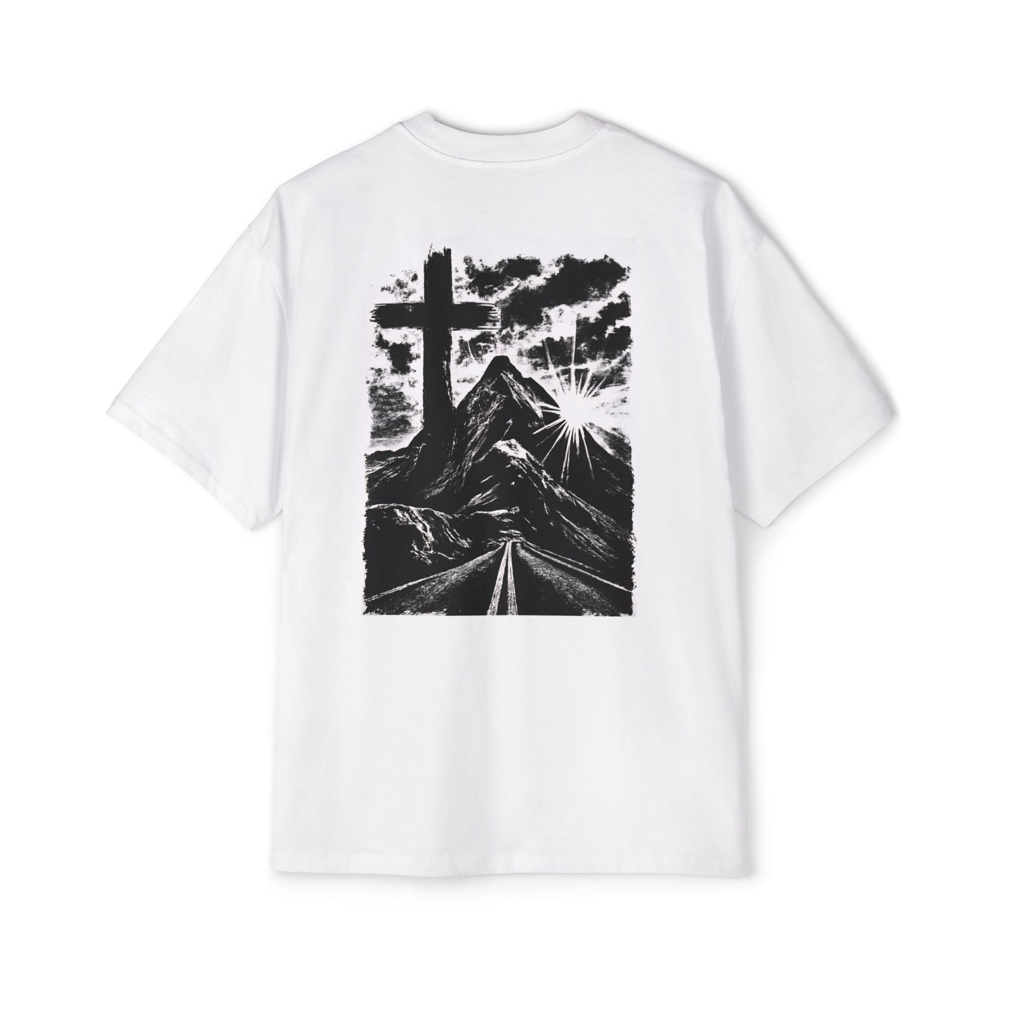 Men's Heavy Oversized Tee with Inspirational Mountain and Cross Design, Unisex T-Shirt, Streetwear Style, Relaxed Fit, Graphic Tee, [...]