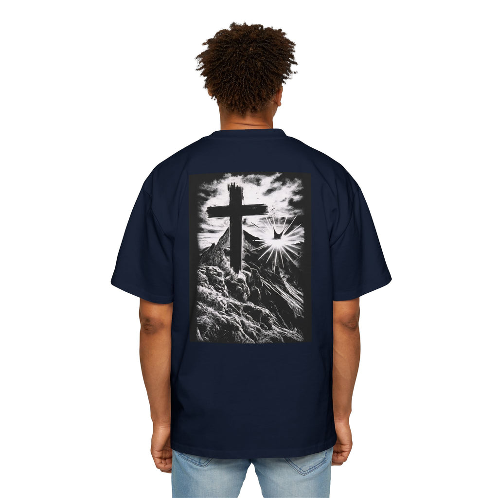 Men's Heavy Oversized Tee with Inspirational Mountain and Cross Design, Unisex T-Shirt, Streetwear Style, Relaxed Fit, Graphic Tee, [...]