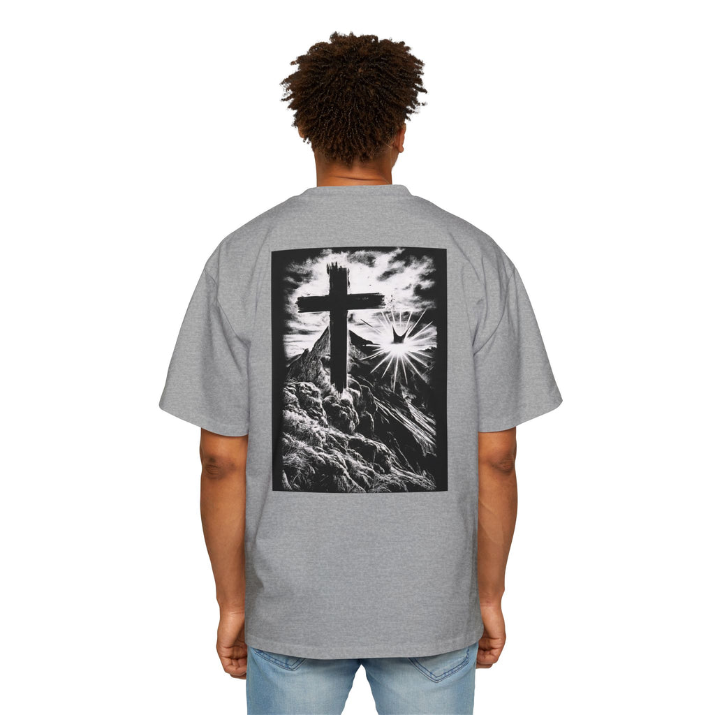 Men's Heavy Oversized Tee with Inspirational Mountain and Cross Design, Unisex T-Shirt, Streetwear Style, Relaxed Fit, Graphic Tee, [...]