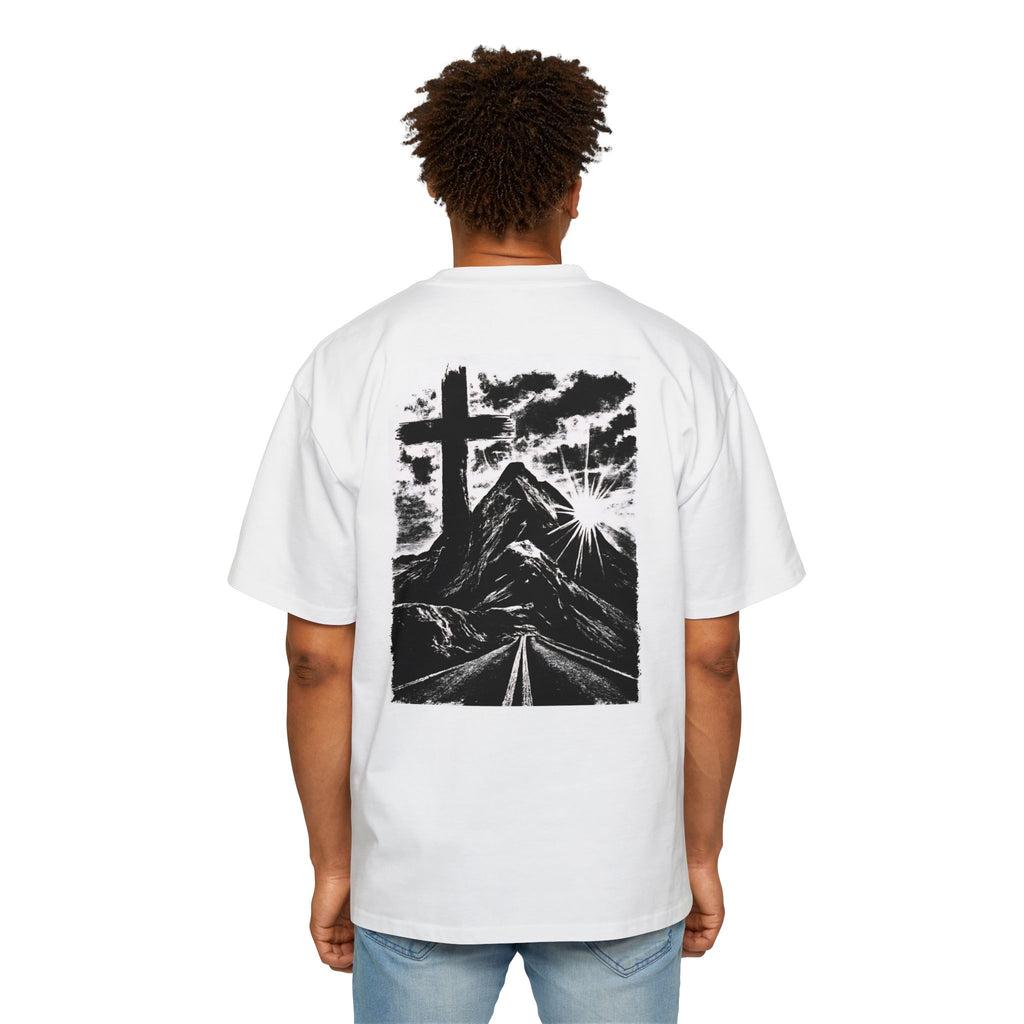 Men's Heavy Oversized Tee with Inspirational Mountain and Cross Design, Unisex T-Shirt, Streetwear Style, Relaxed Fit, Graphic Tee, [...]