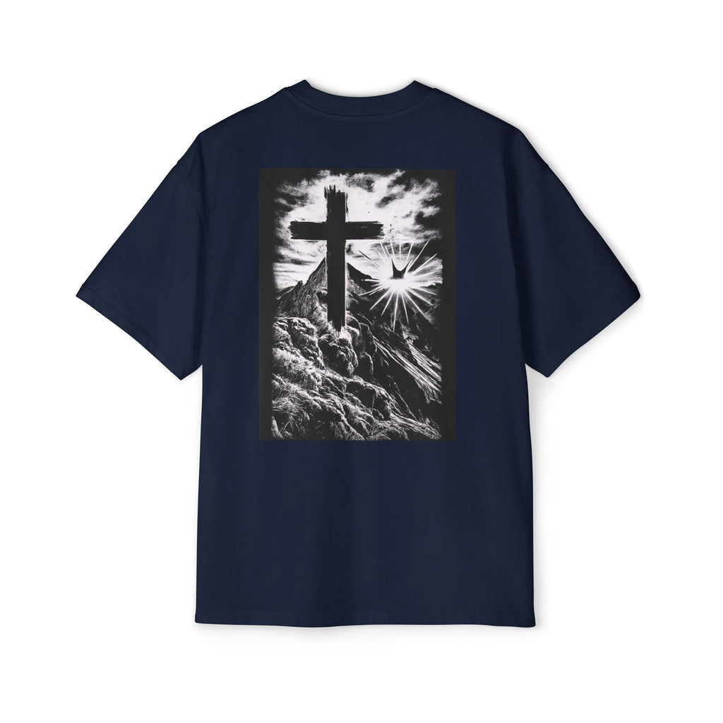 Men's Heavy Oversized Tee with Inspirational Mountain and Cross Design, Unisex T-Shirt, Streetwear Style, Relaxed Fit, Graphic Tee, [...]