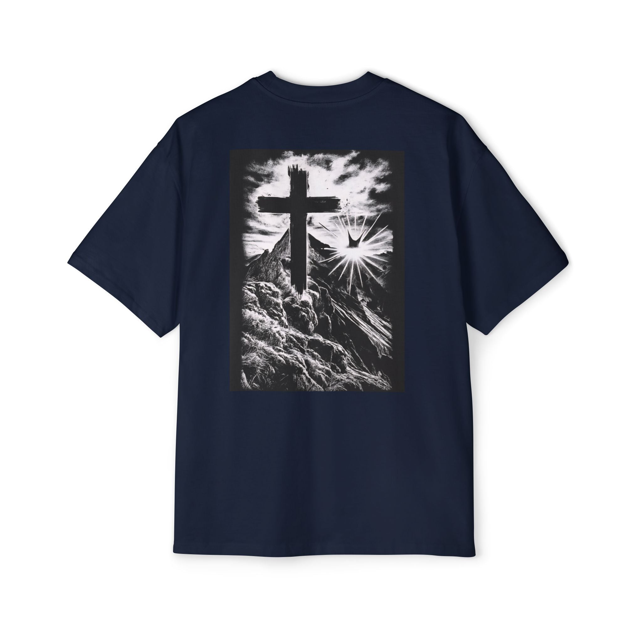 Men's Heavy Oversized Tee with Inspirational Mountain and Cross Design, Unisex T-Shirt, Streetwear Style, Relaxed Fit, Graphic Tee, [...]